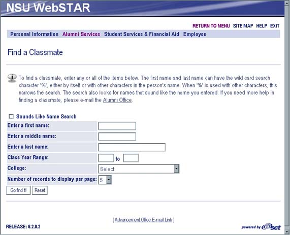 WebSTAR for Alumni Find a Classmate screen
